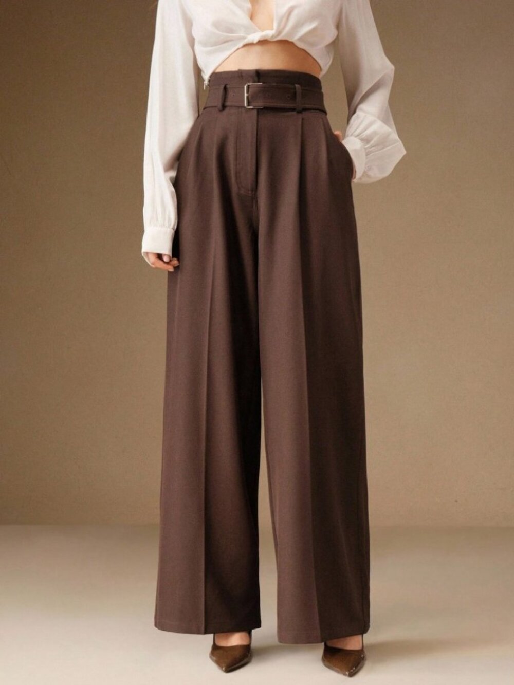 Brown Belted High Waist Pleated Wide Leg Trousers